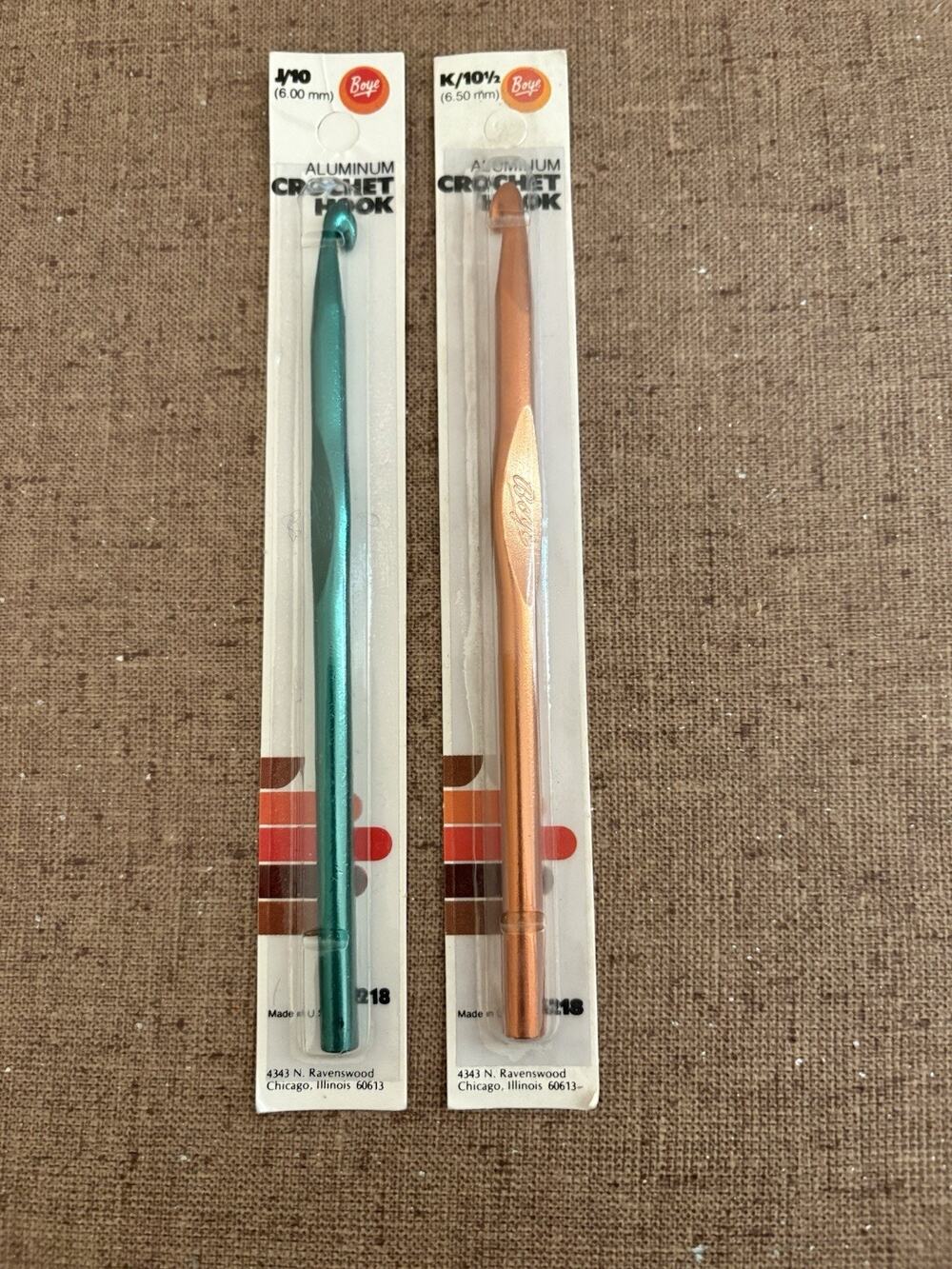 Vintage Crochet Hooks Size J (10) 6 mm Green K (10 1/2) 6.5 mm Gold Aluminum